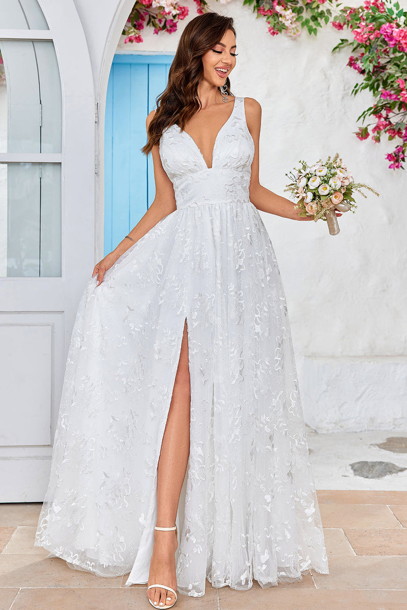 Load image into Gallery viewer, Beauty A Line V-Neck Ivory Lace Long Wedding Dress med Slit