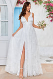 Beauty A Line V-Neck Ivory Lace Long Wedding Dress med Slit