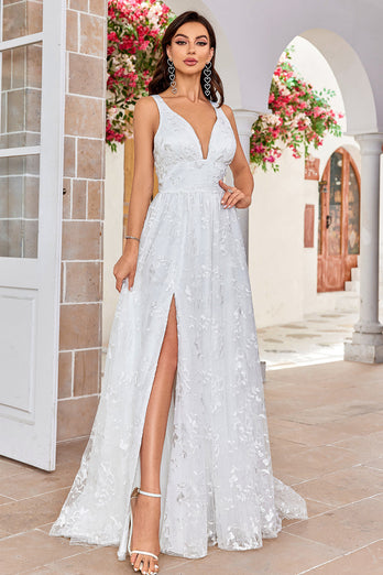 Beauty A Line V-Neck Ivory Lace Long Wedding Dress med Slit