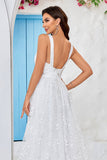 Beauty A Line V-Neck Ivory Lace Long Wedding Dress med Slit