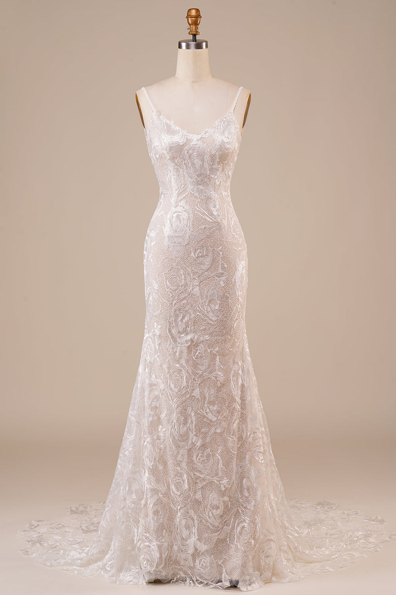 Load image into Gallery viewer, Backless Lace Ivory brudekjole med Sweep Train