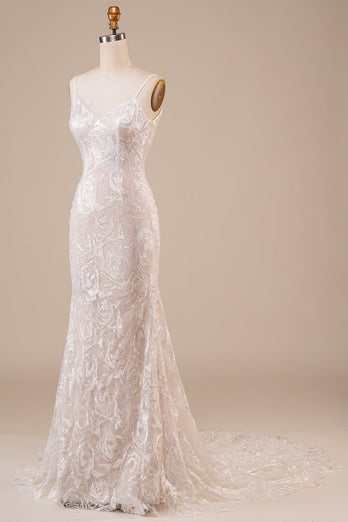 Backless Lace Ivory brudekjole med Sweep Train