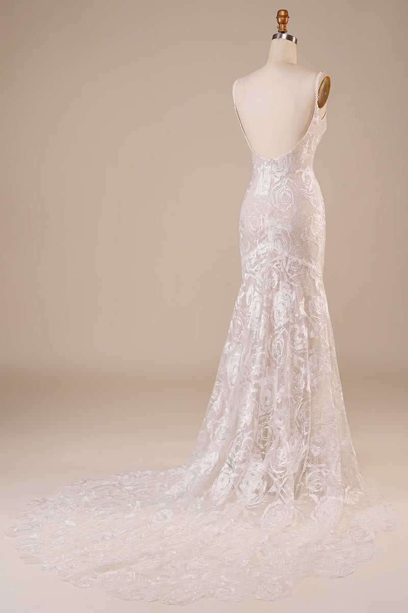 Load image into Gallery viewer, Backless Lace Ivory brudekjole med Sweep Train