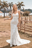 Sjarmerende havfrue Spaghetti stropper Lace Ivory brudekjole med Sweep Train