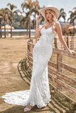 Sjarmerende havfrue Spaghetti stropper Lace Ivory brudekjole med Sweep Train