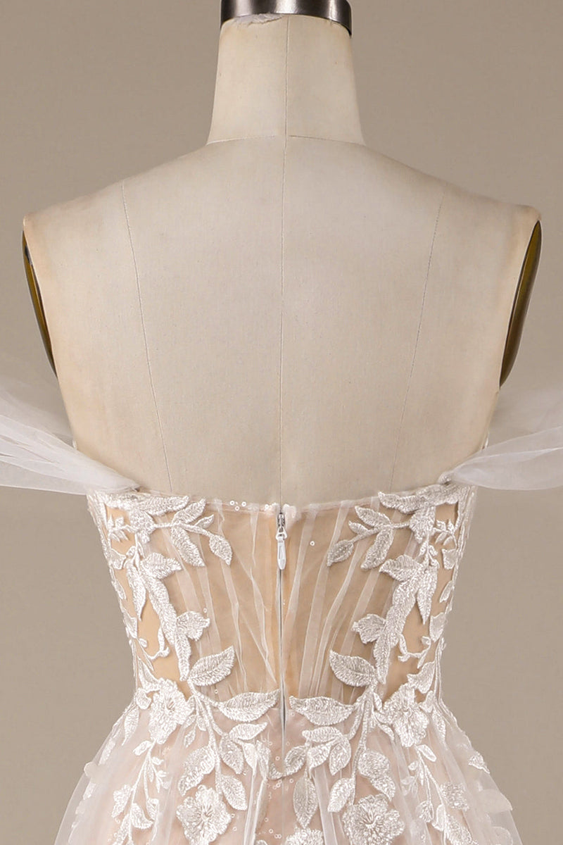 Load image into Gallery viewer, Champagne Tulle avtakbar av skulderen brudekjole med blonder
