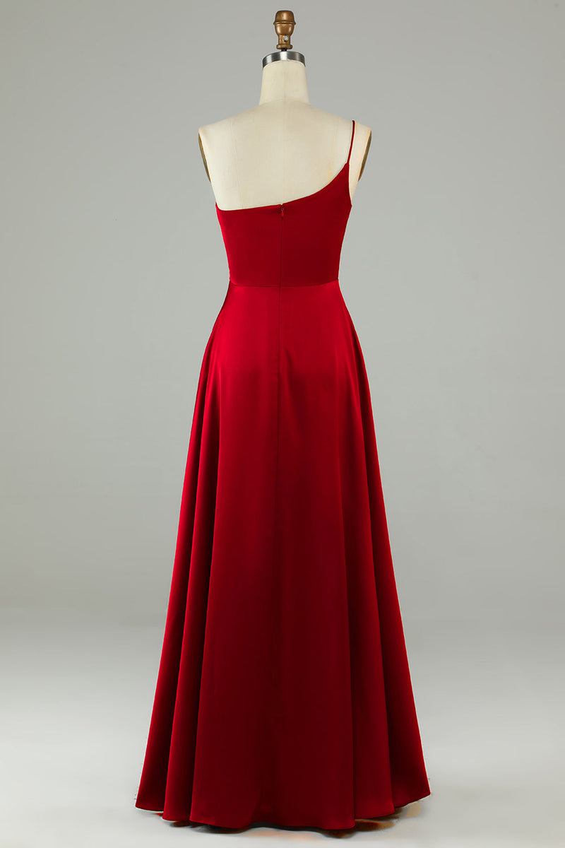 Load image into Gallery viewer, A-linje en skulder burgunder lang brudepike kjole med volanger