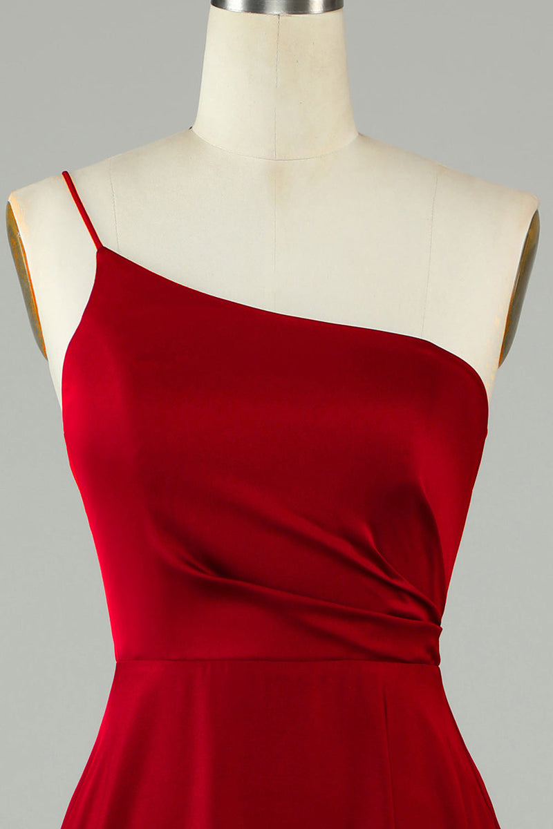 Load image into Gallery viewer, A-linje en skulder burgunder lang brudepike kjole med volanger