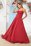 Enkelt A Line Spaghetti stropper Burgunder Long Bridesmaid Dress