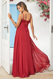 Enkelt A Line Spaghetti stropper Burgunder Long Bridesmaid Dress