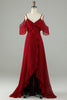 Load image into Gallery viewer, Asymmetrisk kald shoudler burgunder lang brudepike kjole med volanger