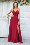 A Line Halter Burgund Long Bridesmaid Dress med Split Front