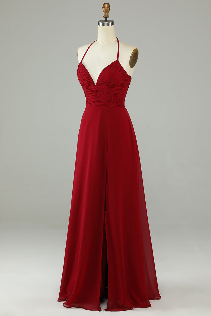 Load image into Gallery viewer, A-Line Halter Burgund Long Bridesmaid kjole med Slit