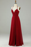 A-Line Halter Burgund Long Bridesmaid kjole med Slit