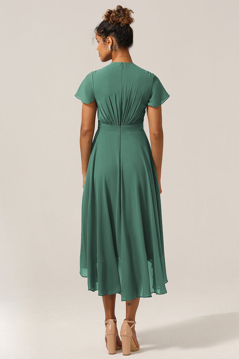 Load image into Gallery viewer, Chraming A Line V-hals korte ermer Eukalyptus brudepike kjole med sløyfe