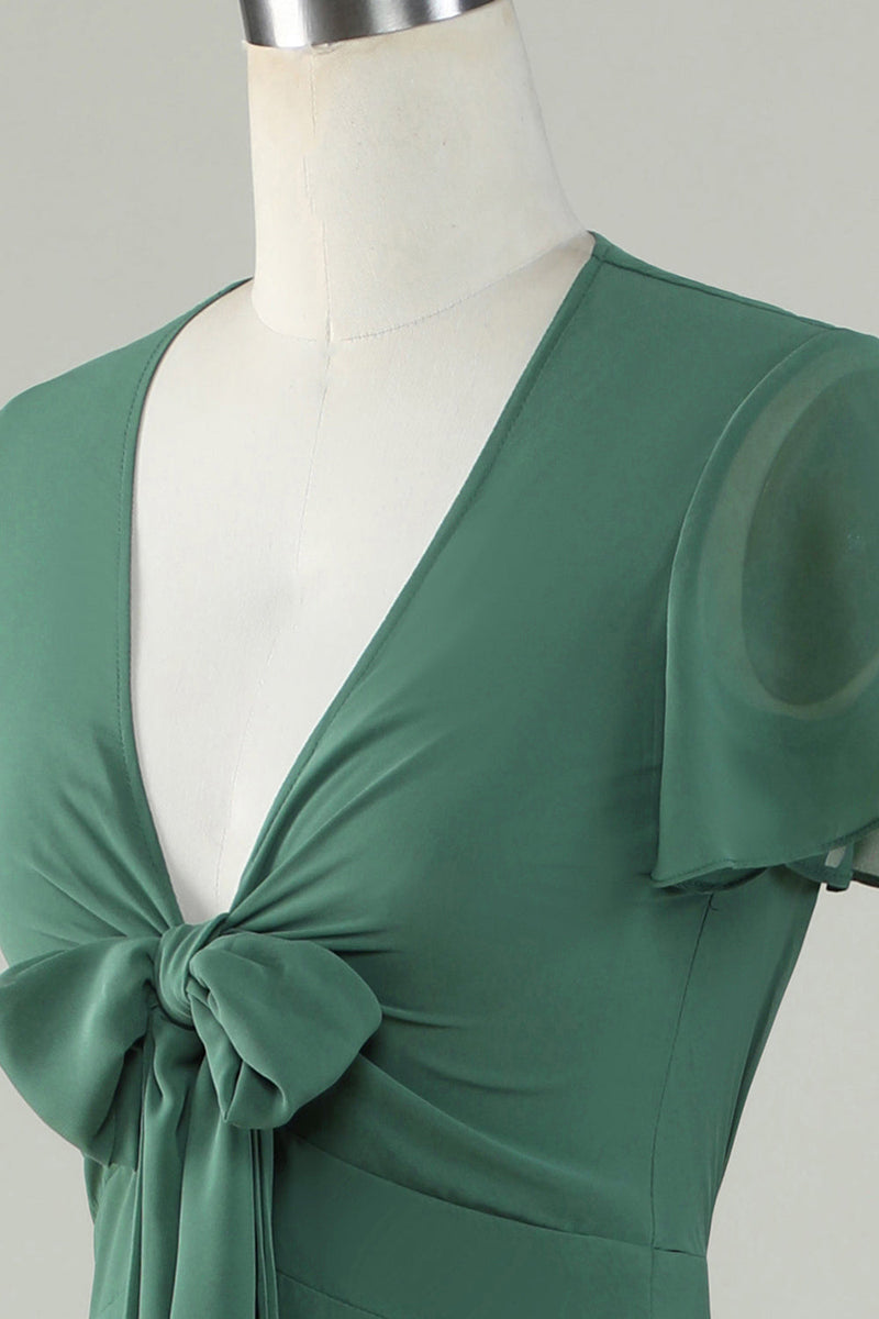 Load image into Gallery viewer, V-hals korte ermer eukalyptus brudepike kjole med sløyfe