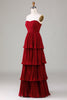 Load image into Gallery viewer, Stroppeløs lagdelt burgunder lang brudepike kjole