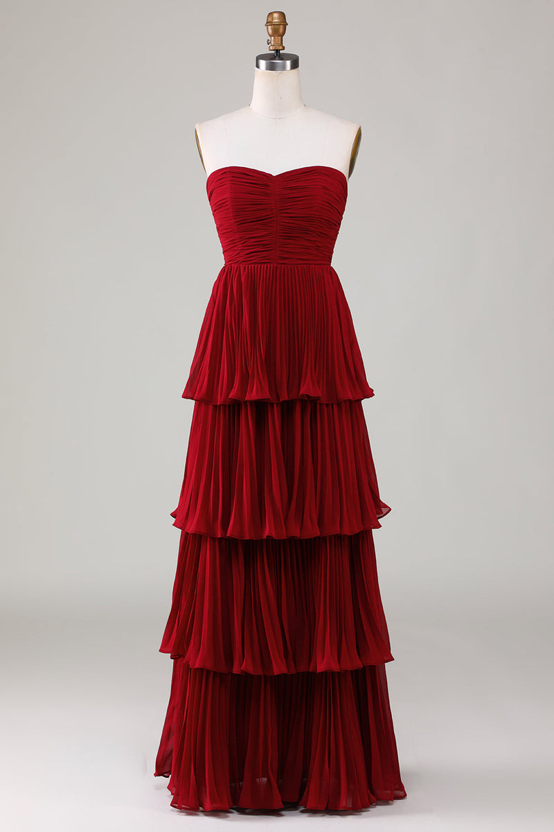 Load image into Gallery viewer, Stroppeløs lagdelt burgunder lang brudepike kjole