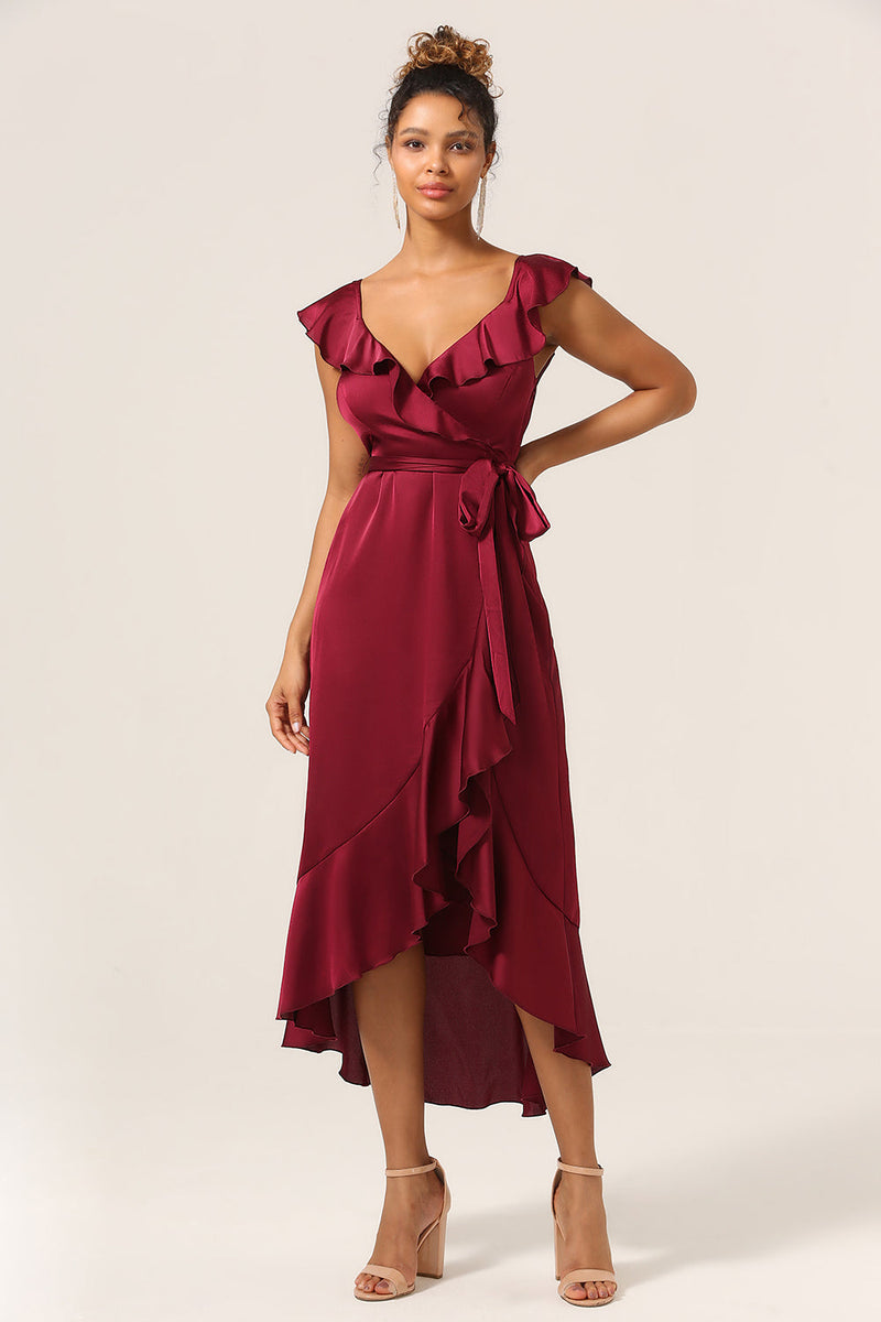 Load image into Gallery viewer, En linje V-hals burgunder brudepike kjole med volanger