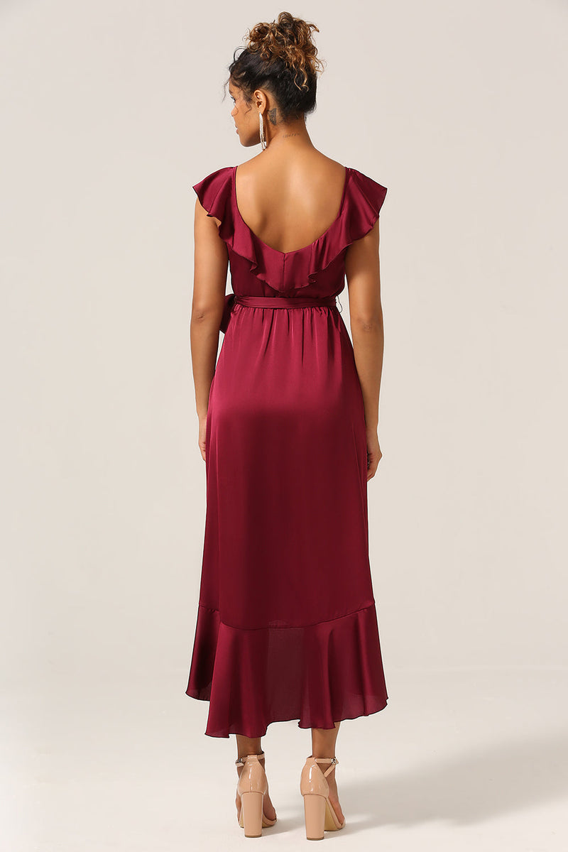 Load image into Gallery viewer, En linje V-hals burgunder brudepike kjole med volanger