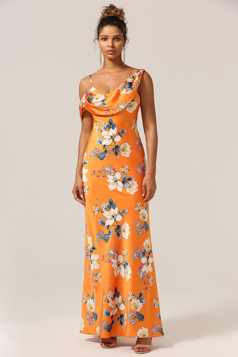 Load image into Gallery viewer, Trendy havfrue en skulder trykt oransje blomst brudepike kjole