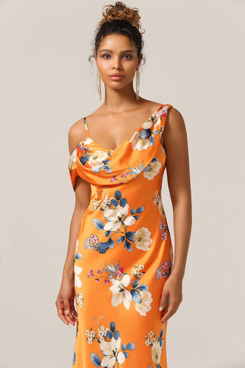 Trendy havfrue en skulder trykt oransje blomst brudepike kjole