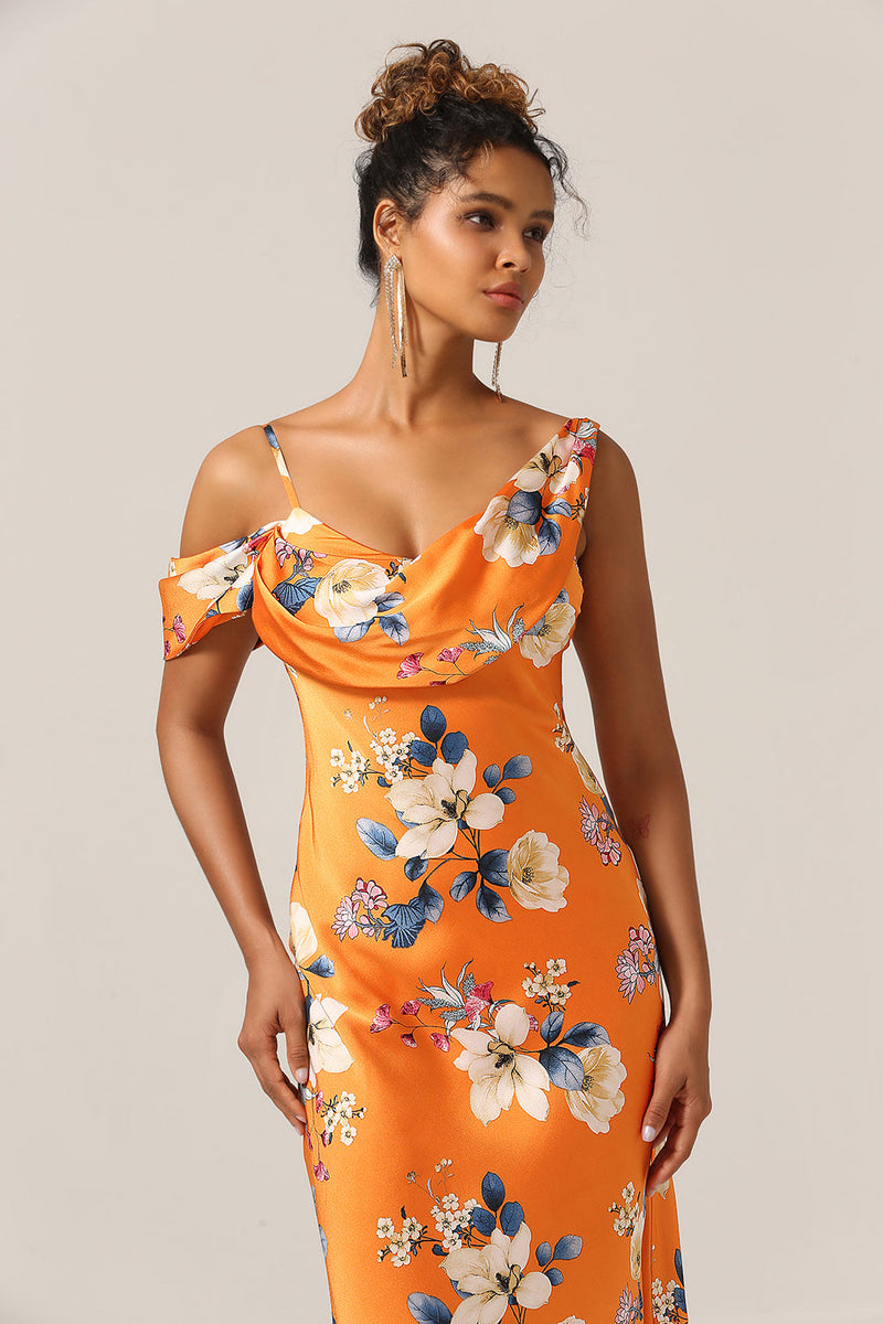 Load image into Gallery viewer, Trendy havfrue en skulder trykt oransje blomst brudepike kjole