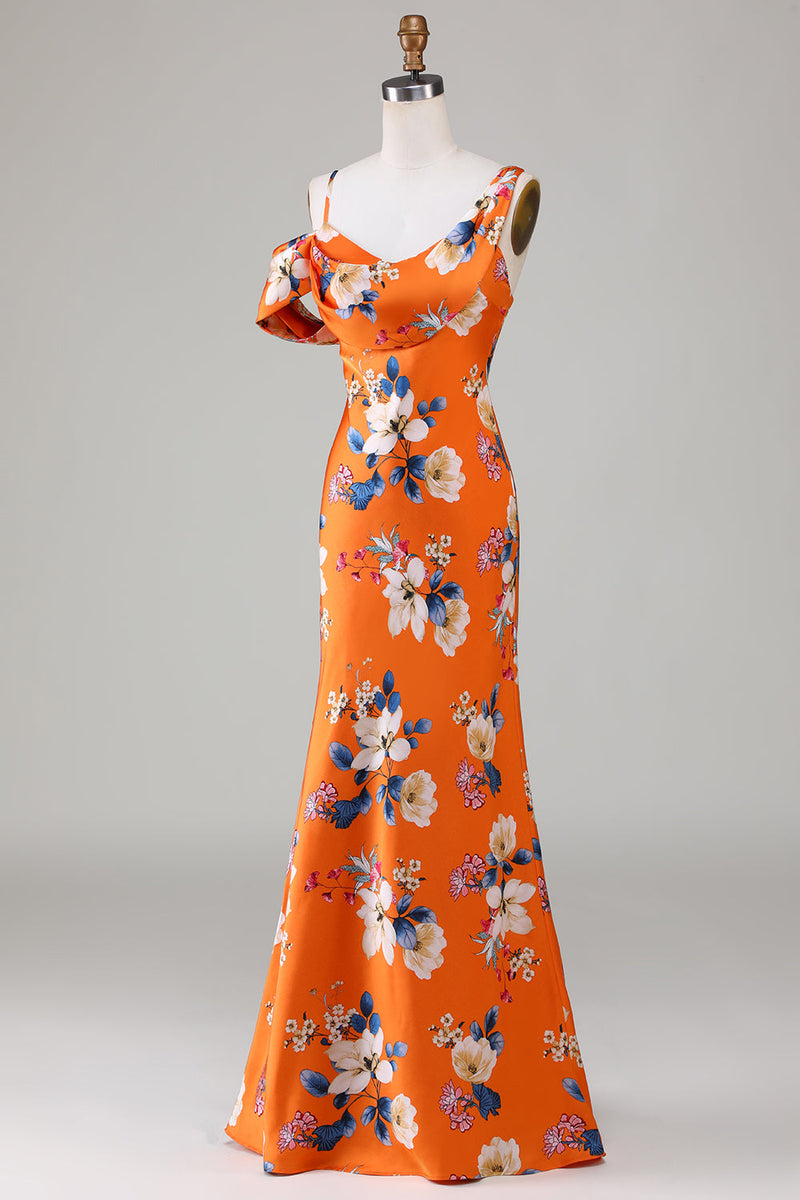 Load image into Gallery viewer, Havfrue trykt oransje blomst brudepike kjole