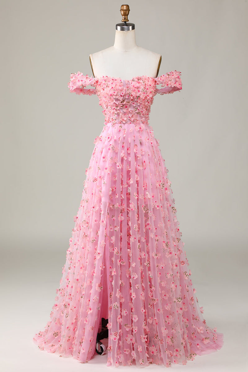 Load image into Gallery viewer, A-linje av skulderen rosa lang brudepike kjole med 3D-blomster