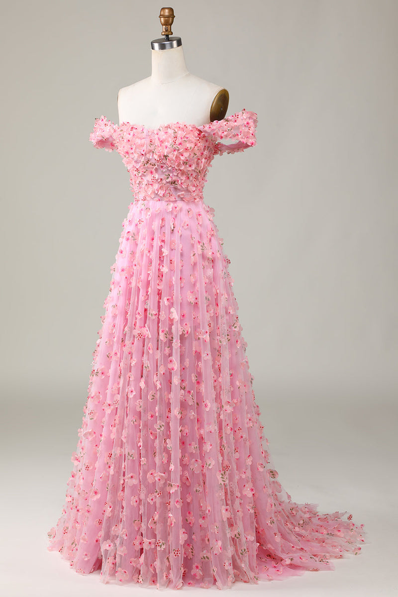 Load image into Gallery viewer, A-linje av skulderen rosa lang brudepike kjole med 3D-blomster