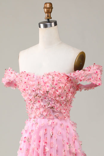 A-linje av skulderen rosa lang brudepike kjole med 3D-blomster