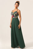 Beauty A-Line Spaghetti stropper Dark Green Long brudepike kjole med 3D-blomster