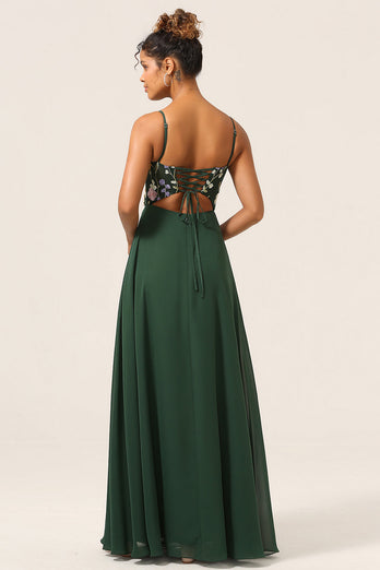Beauty A-Line Spaghetti stropper Dark Green Long brudepike kjole med 3D-blomster