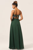 Beauty A-Line Spaghetti stropper Dark Green Long brudepike kjole med 3D-blomster