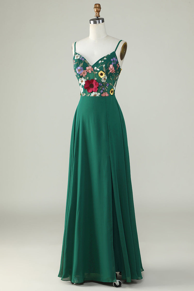 Load image into Gallery viewer, A-Line Spaghetti stropper mørkegrønn Long brudepike kjole med 3D-blomster