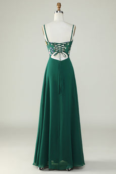 A-Line Spaghetti stropper mørkegrønn Long brudepike kjole med 3D-blomster