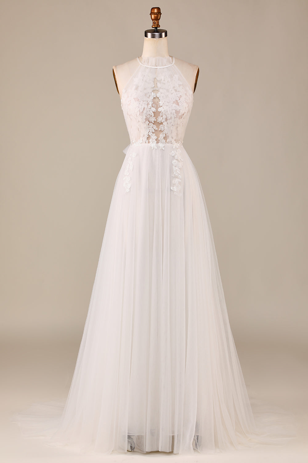 Sjarmerende A Line Halter Neck Ivory Open Back Tylle Sweep Train brudekjole med blonder