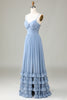 Load image into Gallery viewer, Støvete blå korsett spaghetti stropper Lang brudepike kjole med kryssende rygg