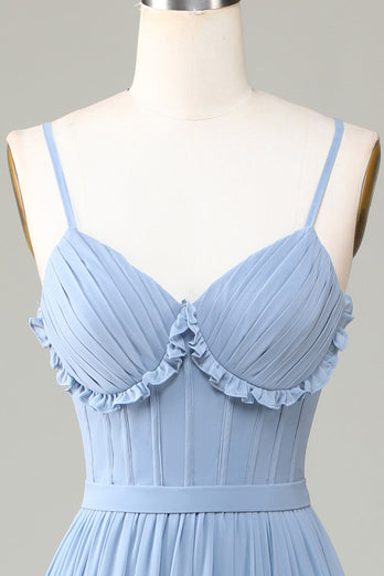 Støvete blå korsett spaghetti stropper Lang brudepike kjole med kryssende rygg