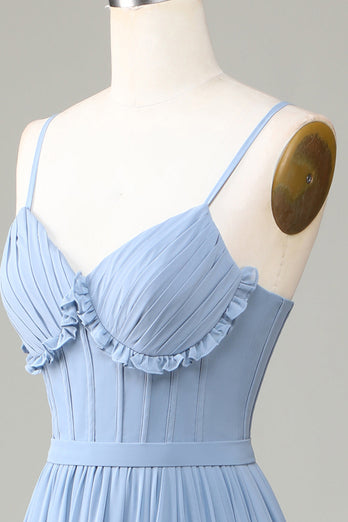 Støvete blå korsett spaghetti stropper Lang brudepike kjole med kryssende rygg