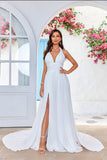 Ivory A-Line Halter Sweep Train brudekjole med Slit