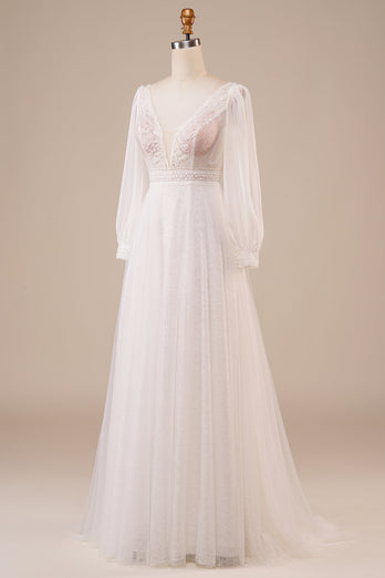 A-Line Tulle Beaded Ivory brudekjole med ermer