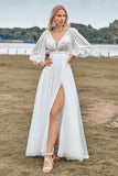 A-Line Tulle Beaded Ivory brudekjole med lange ermer