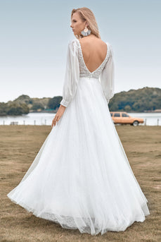 A-Line Tulle Beaded Ivory brudekjole med lange ermer