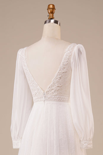 A-Line Tulle Beaded Ivory brudekjole med ermer