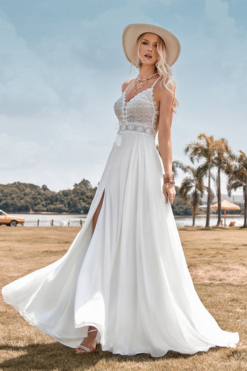 Blonder Backless Spaghetti stropper Boho brudekjole med med Slit