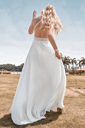 Blonder Backless Spaghetti stropper Boho brudekjole med med Slit
