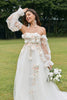 Load image into Gallery viewer, Ivory avtakbare lange ermer Sweep Train brudekjole med 3D-blomster