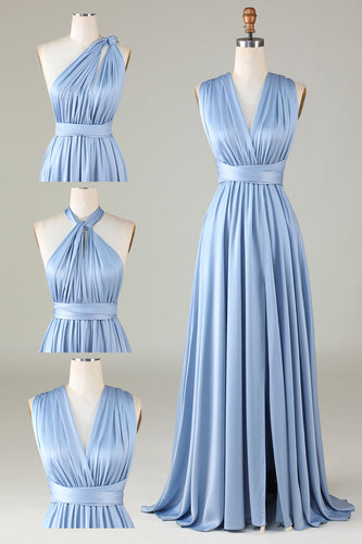 Konvertible blå sateng brudepike kjole med Slit