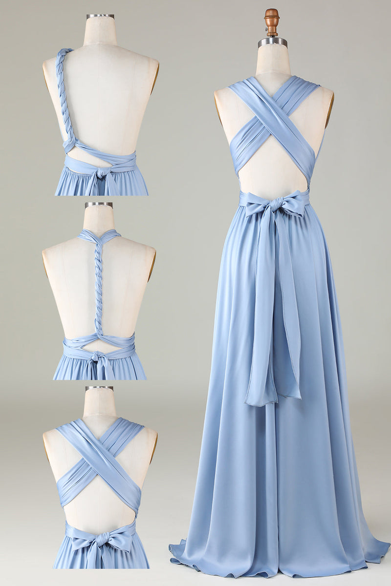 Load image into Gallery viewer, Konvertible blå sateng brudepike kjole med Slit